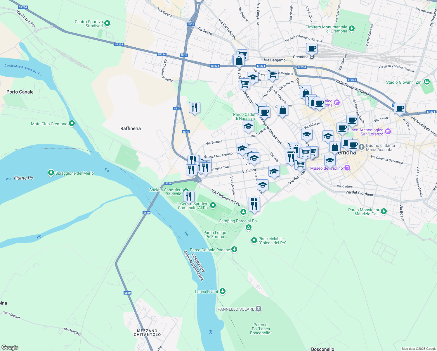 map of restaurants, bars, coffee shops, grocery stores, and more near 15 Via degli Arenili in Cremona