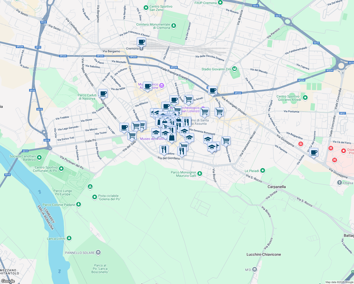 map of restaurants, bars, coffee shops, grocery stores, and more near 13 Via Altobello Melone in Cremona