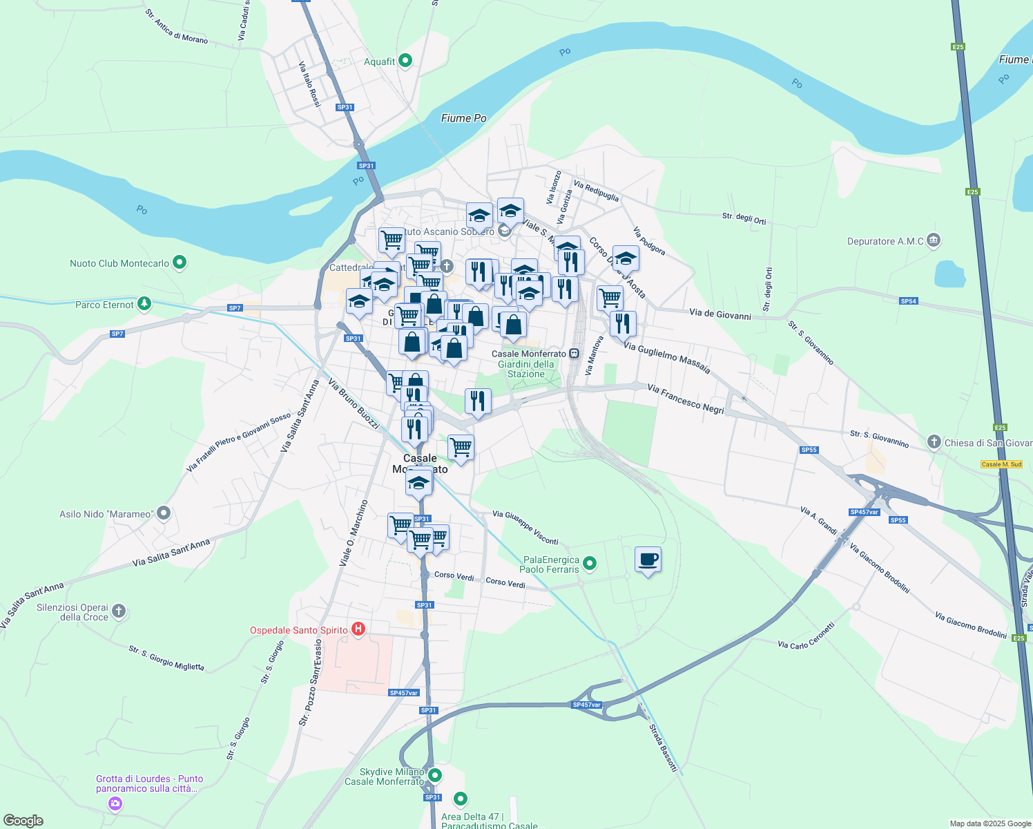 map of restaurants, bars, coffee shops, grocery stores, and more near 21 Via Martiri di Nassiria in Casale Monferrato