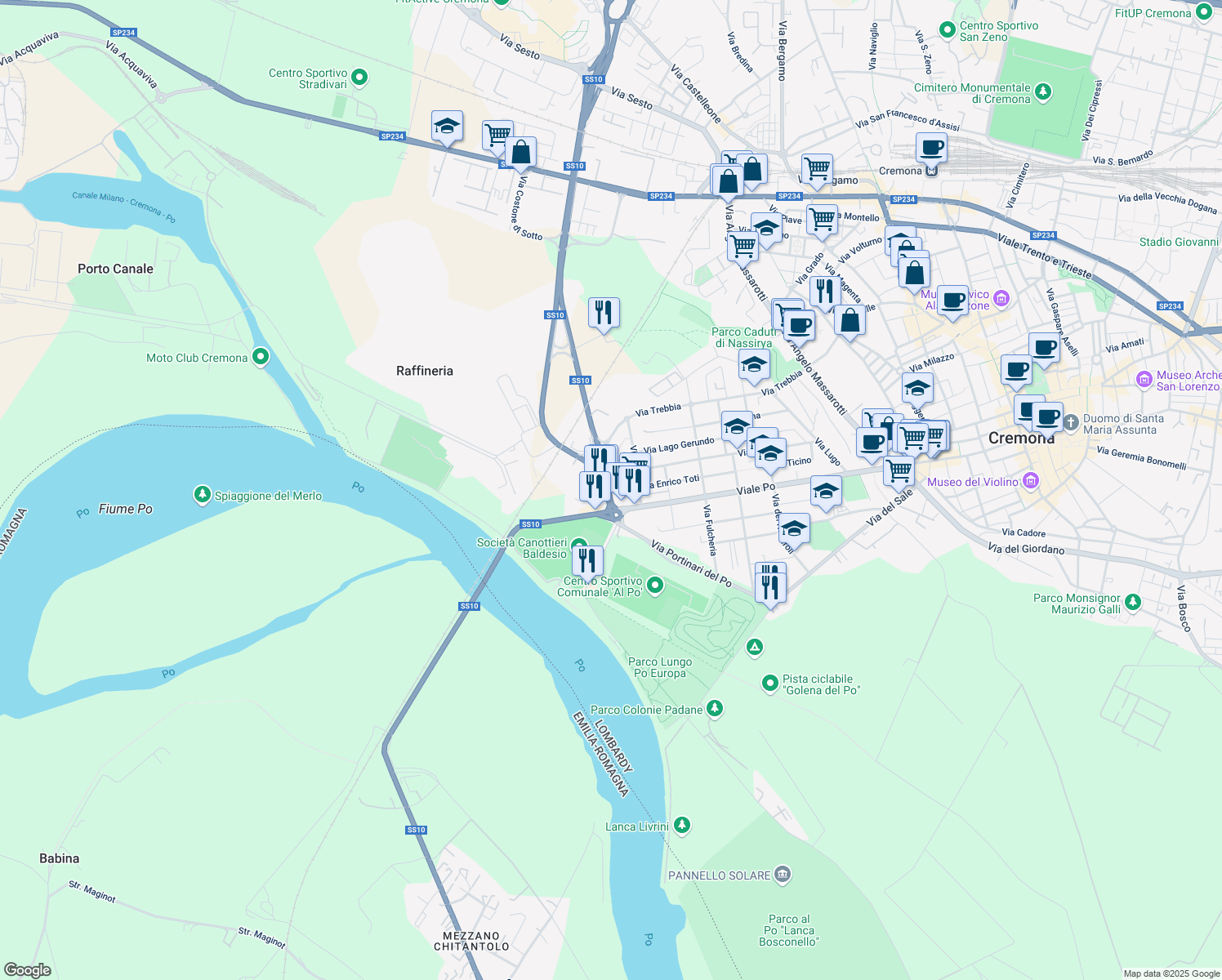 map of restaurants, bars, coffee shops, grocery stores, and more near 8 Via Eridano in Cremona