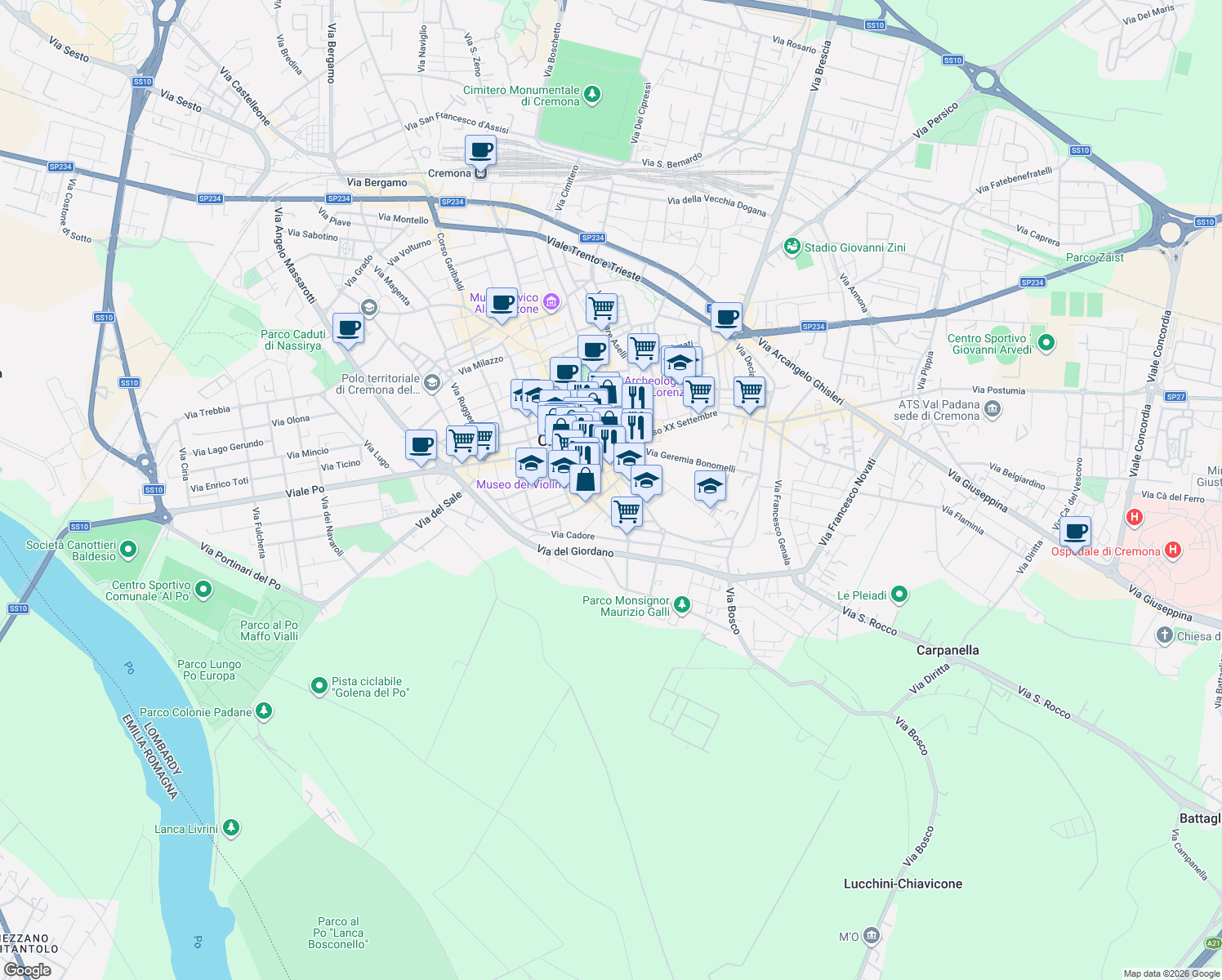 map of restaurants, bars, coffee shops, grocery stores, and more near 23 Via Gherardo Patecchio in Cremona