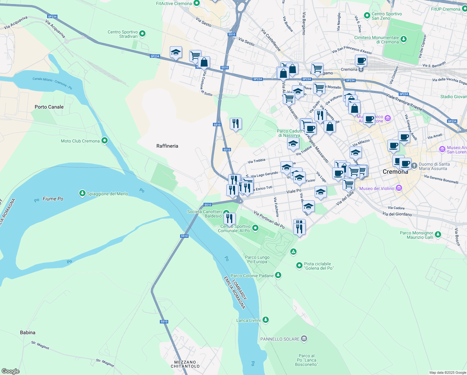 map of restaurants, bars, coffee shops, grocery stores, and more near 8 Via Eridano in Cremona