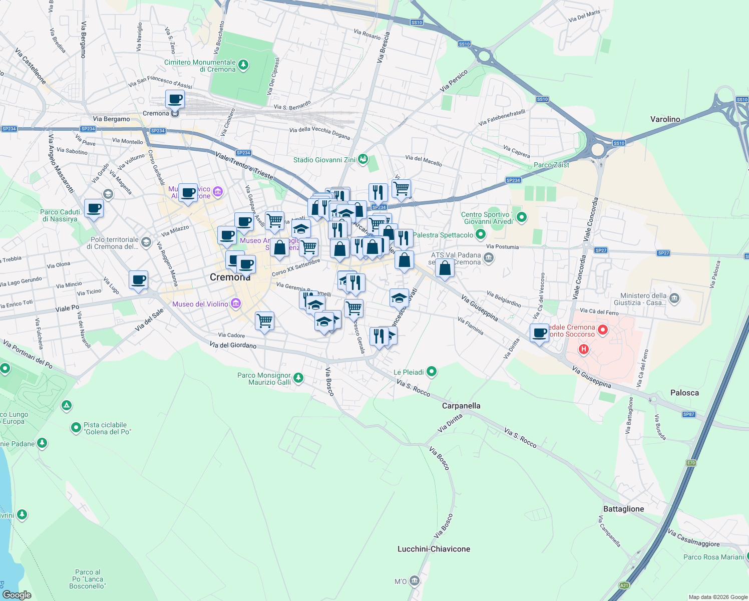 map of restaurants, bars, coffee shops, grocery stores, and more near 8 Via Alessandro Lamo in Cremona
