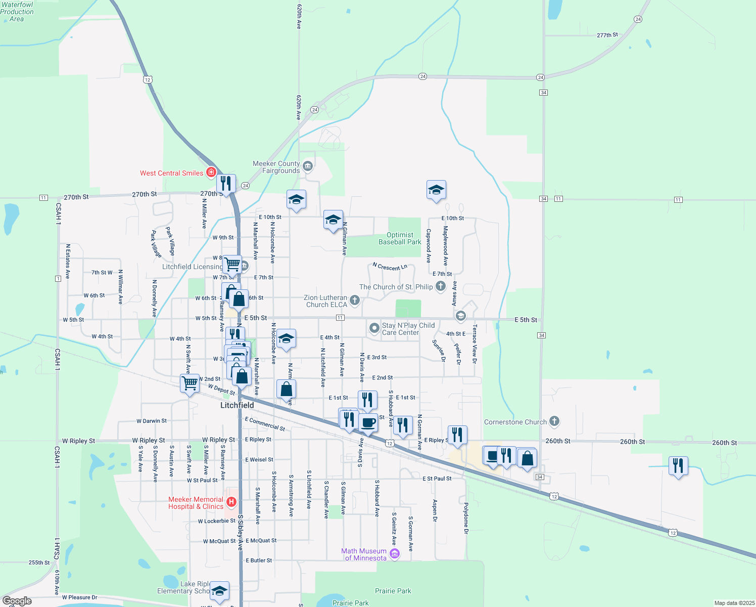 map of restaurants, bars, coffee shops, grocery stores, and more near 624 South Crescent Lane in Litchfield