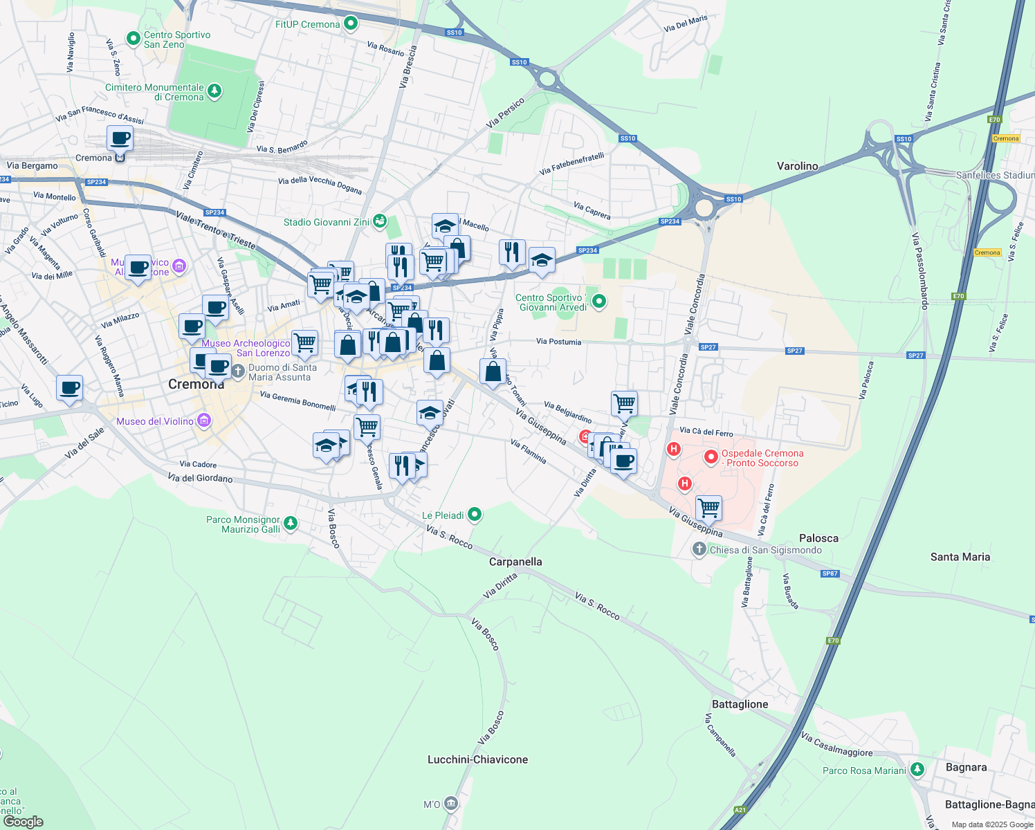 map of restaurants, bars, coffee shops, grocery stores, and more near 15-19 Via Giuseppina in Cremona