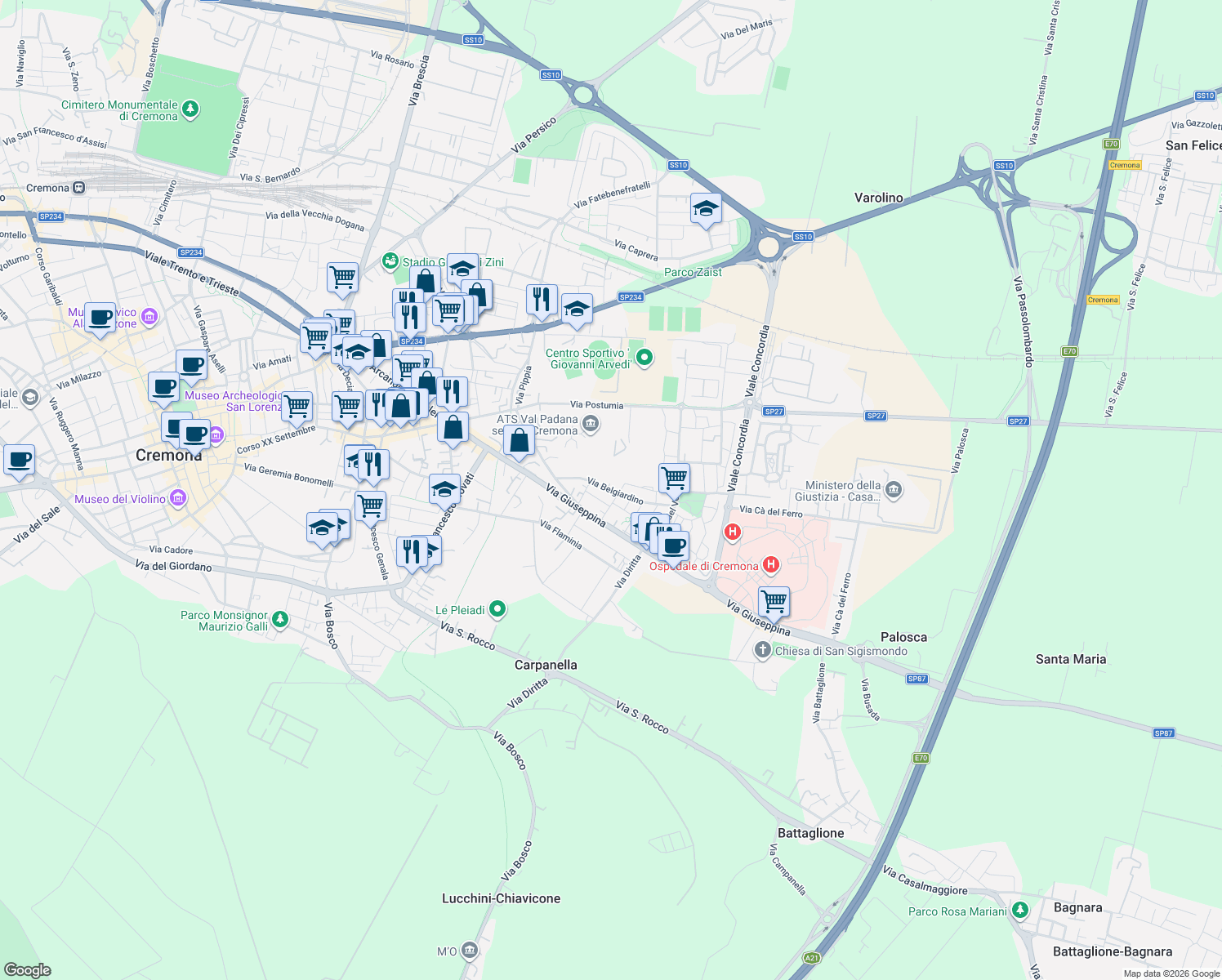 map of restaurants, bars, coffee shops, grocery stores, and more near 21 Via Belgiardino in Cremona