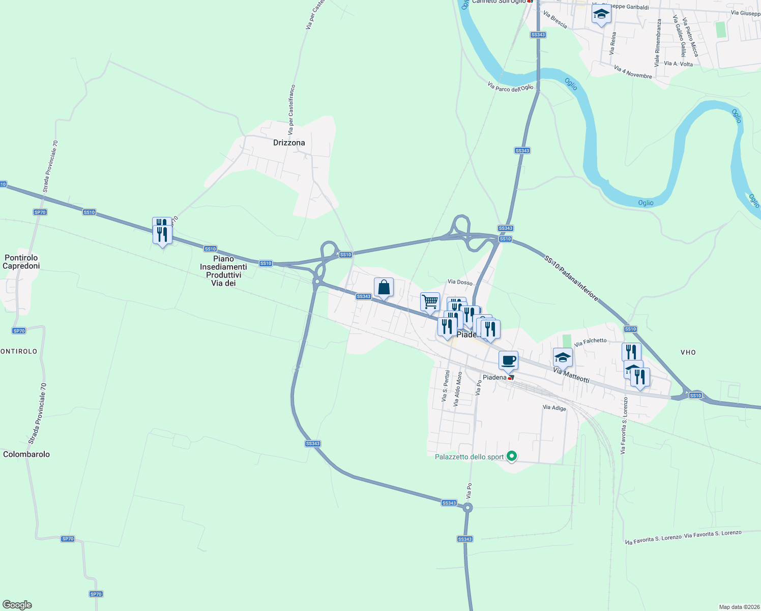 map of restaurants, bars, coffee shops, grocery stores, and more near 5A Via Roma in Piadena