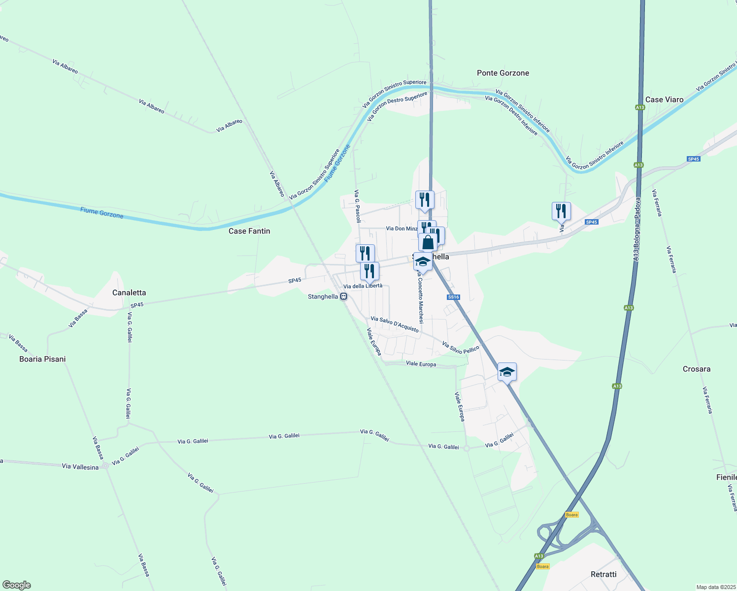 map of restaurants, bars, coffee shops, grocery stores, and more near Via Antonio Gramsci in Stanghella