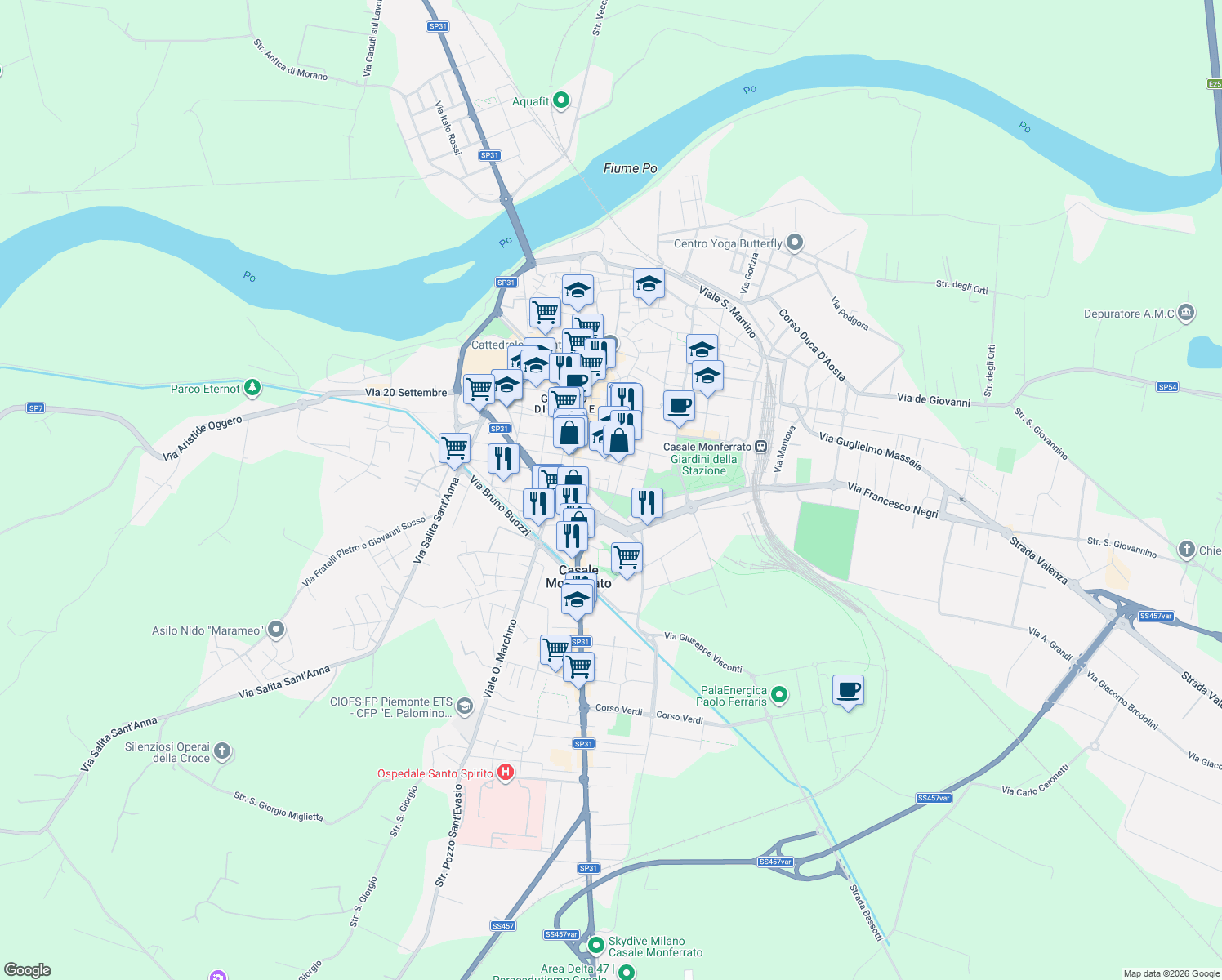 map of restaurants, bars, coffee shops, grocery stores, and more near 20/A Viale Cavalli D'Olivola in Casale Monferrato