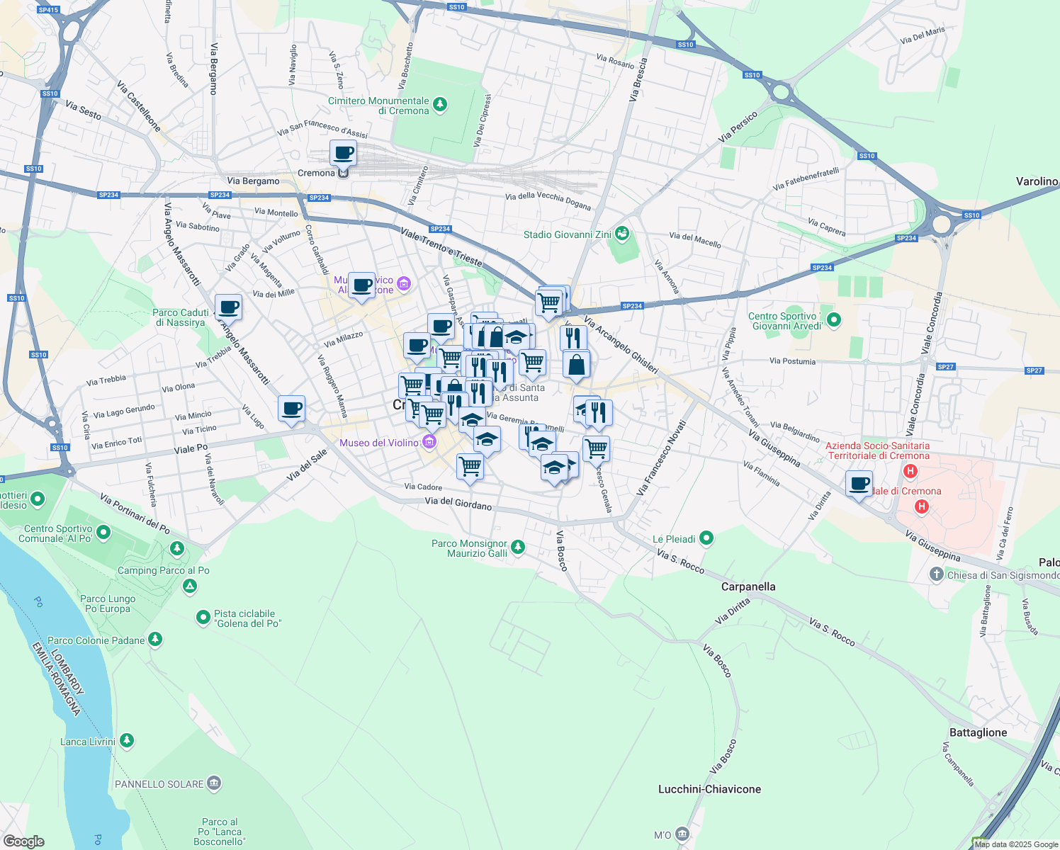 map of restaurants, bars, coffee shops, grocery stores, and more near 47 Via Geremia Bonomelli in Cremona