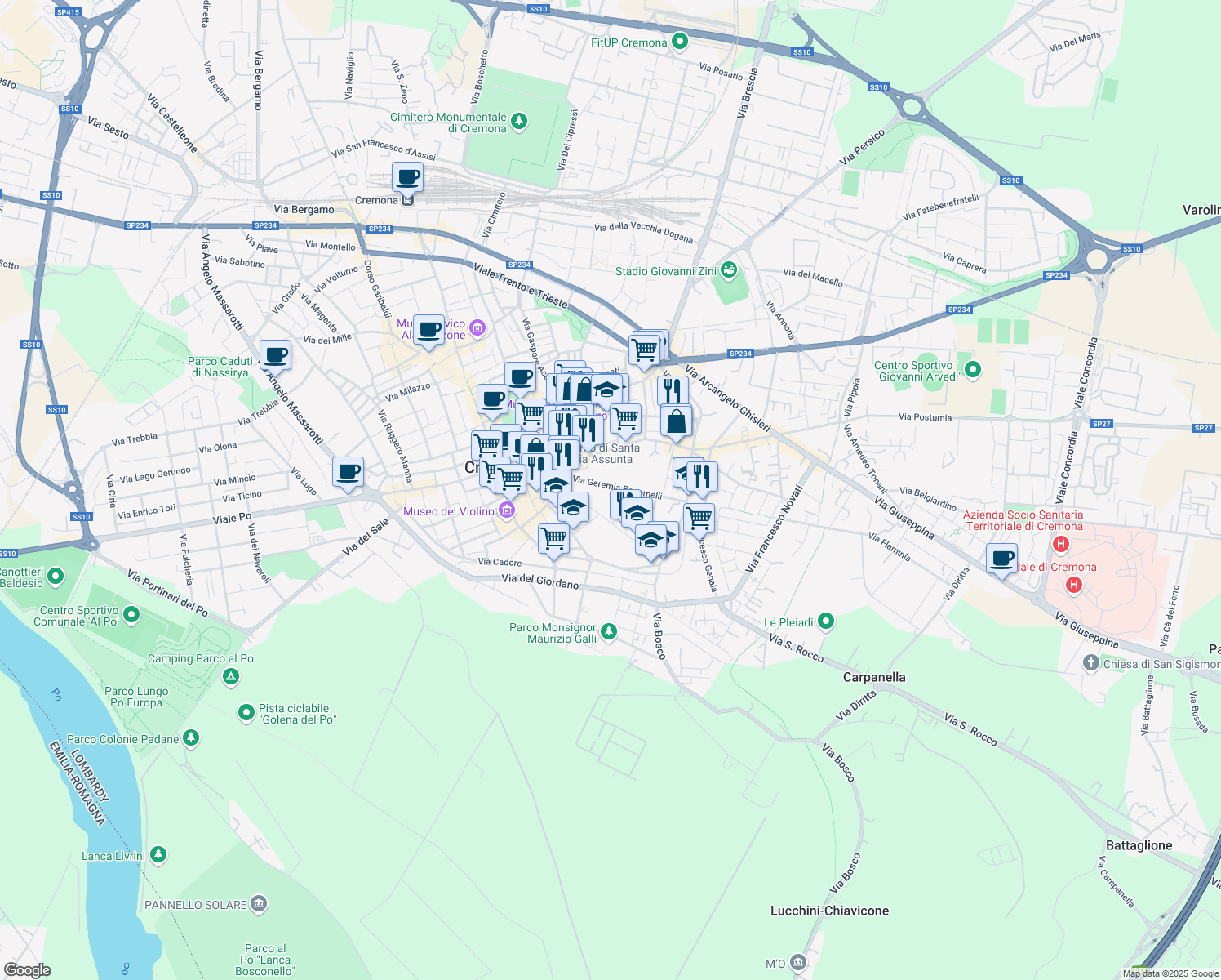 map of restaurants, bars, coffee shops, grocery stores, and more near 47 Via Geremia Bonomelli in Cremona