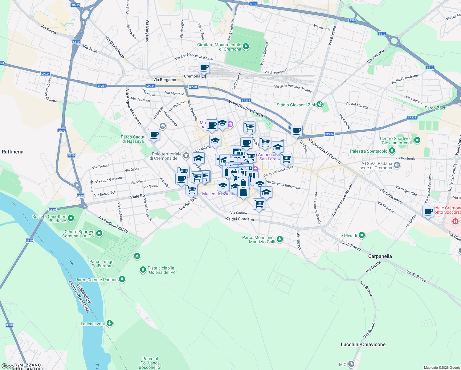 map of restaurants, bars, coffee shops, grocery stores, and more near 5 Via Gaetano Tibaldi in Cremona