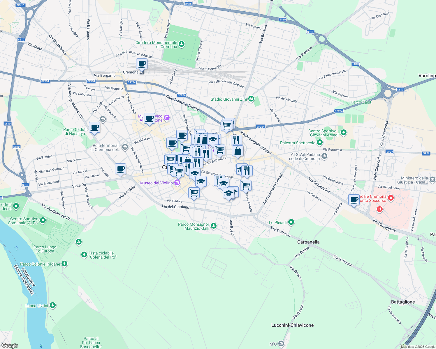 map of restaurants, bars, coffee shops, grocery stores, and more near 47 Via Geremia Bonomelli in Cremona