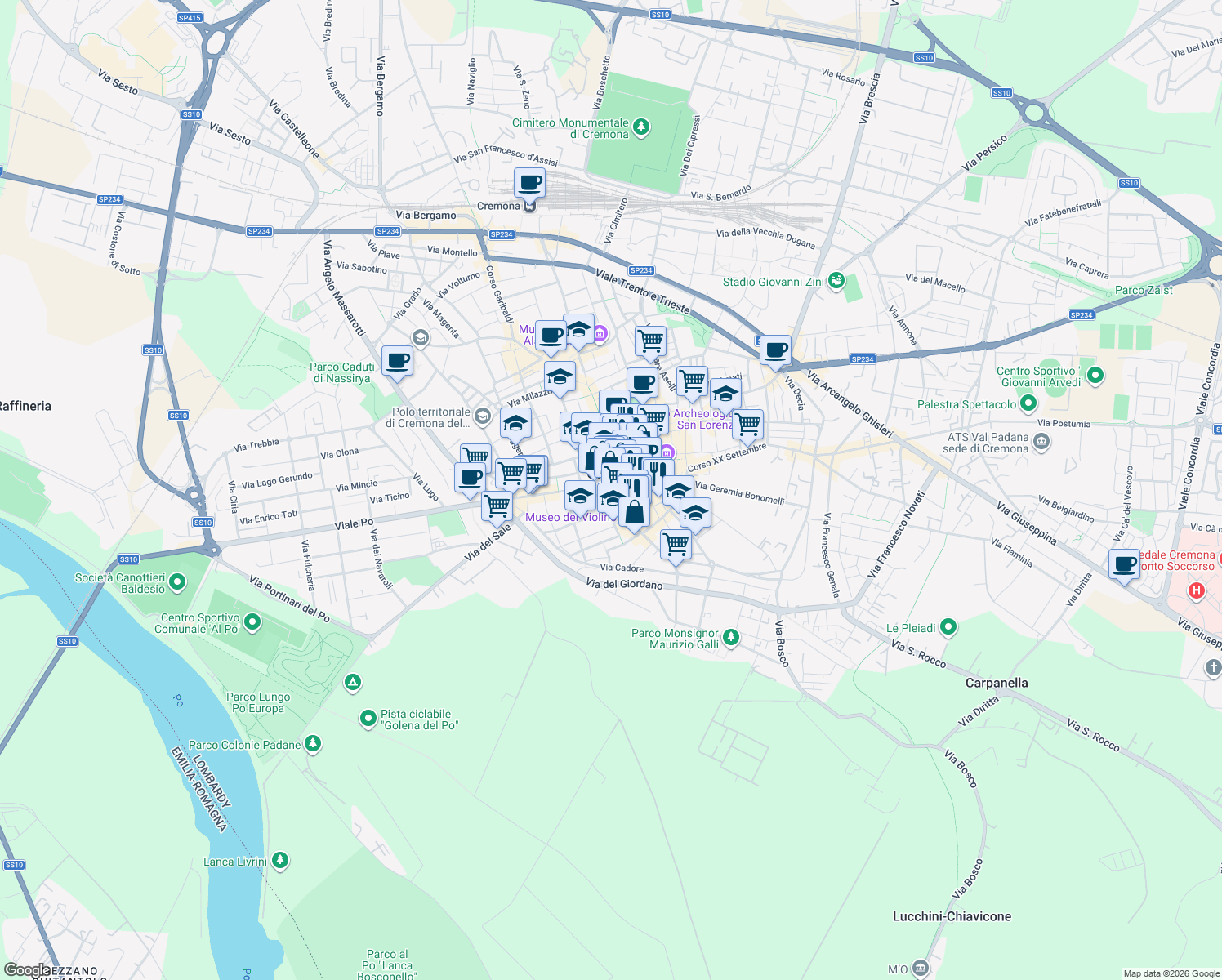 map of restaurants, bars, coffee shops, grocery stores, and more near 5 Via Gaetano Tibaldi in Cremona