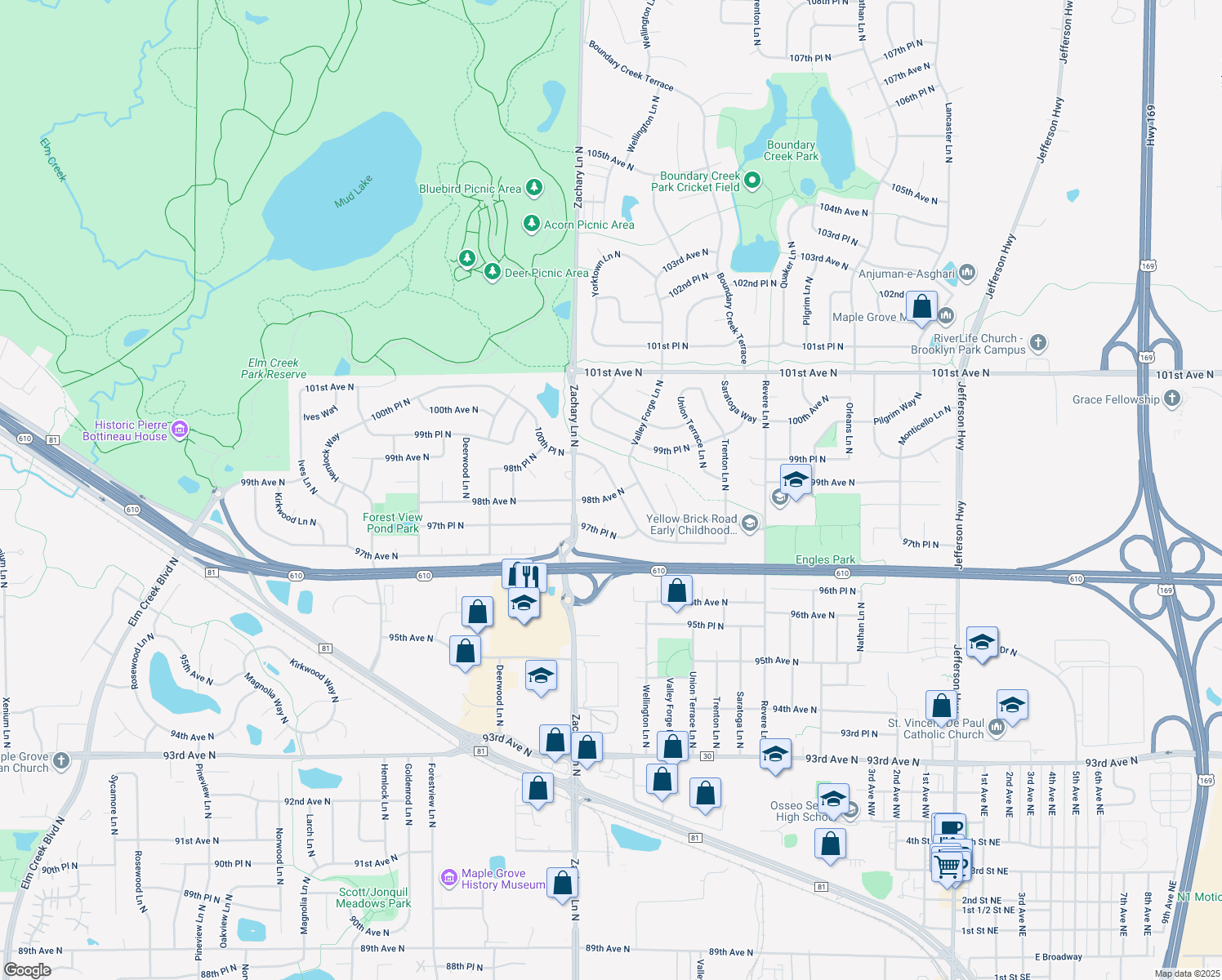 map of restaurants, bars, coffee shops, grocery stores, and more near 10915 Maple Valley Drive in Maple Grove