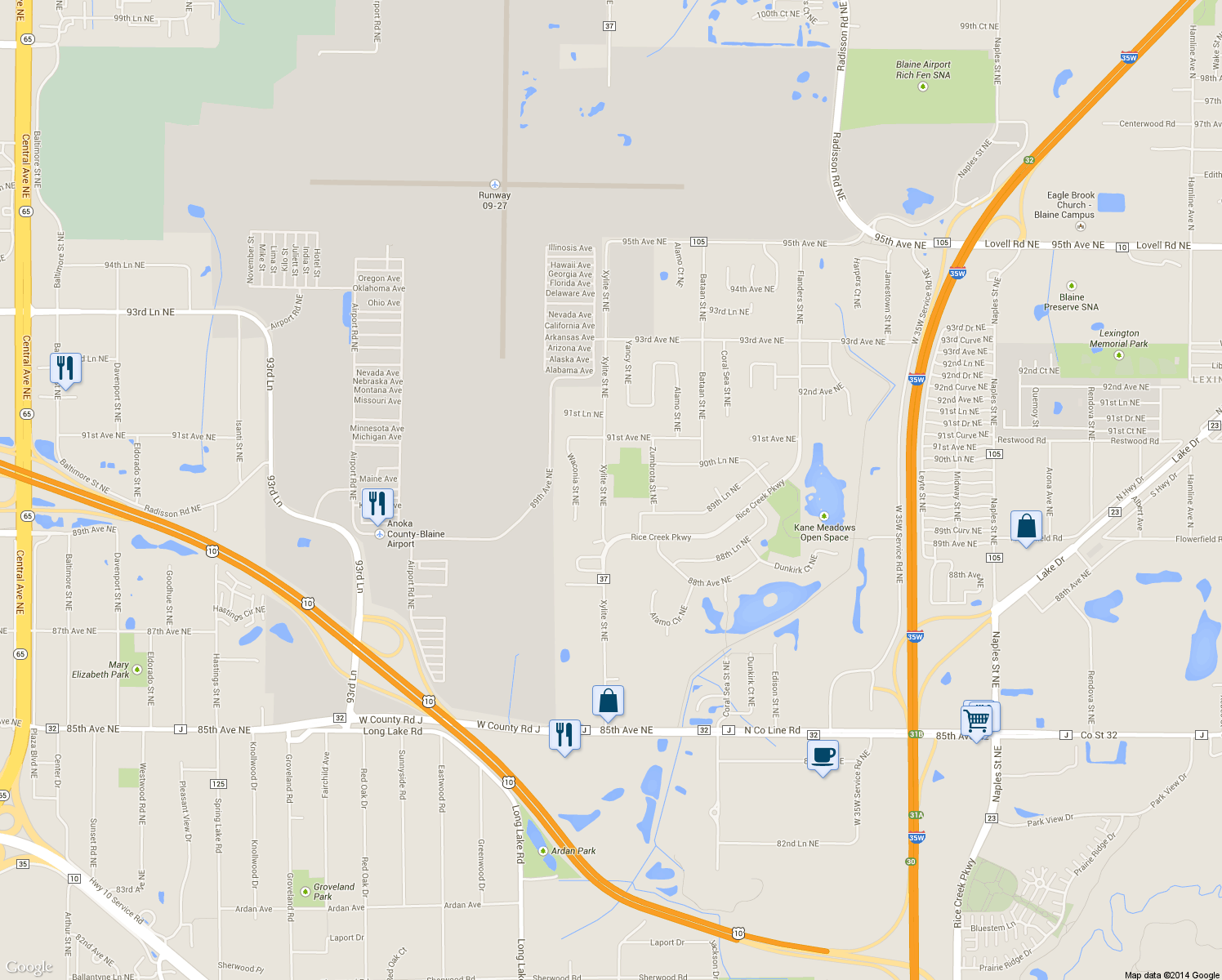 map of restaurants, bars, coffee shops, grocery stores, and more near 8989 Xylite Street Northeast in Blaine