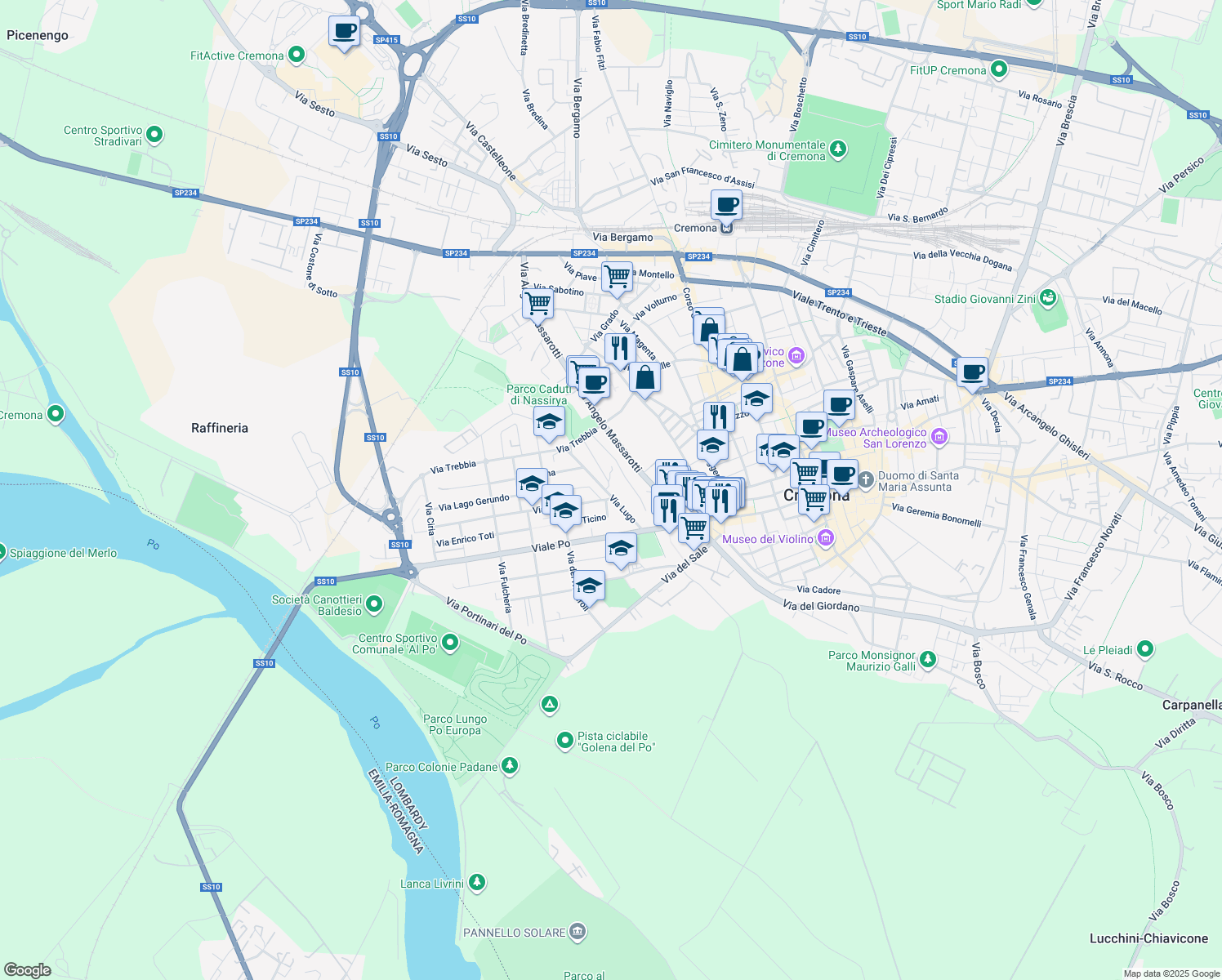 map of restaurants, bars, coffee shops, grocery stores, and more near 19 Via Lugo in Cremona