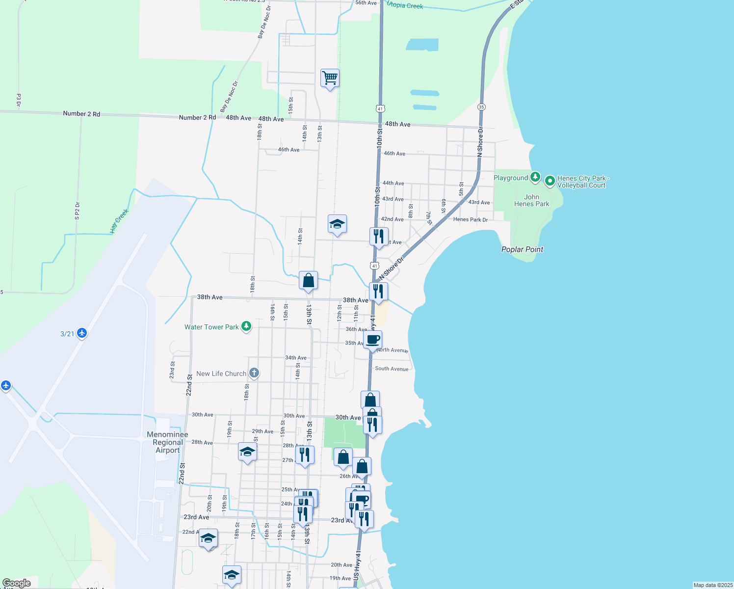 map of restaurants, bars, coffee shops, grocery stores, and more near 3805 10th Street in Menominee