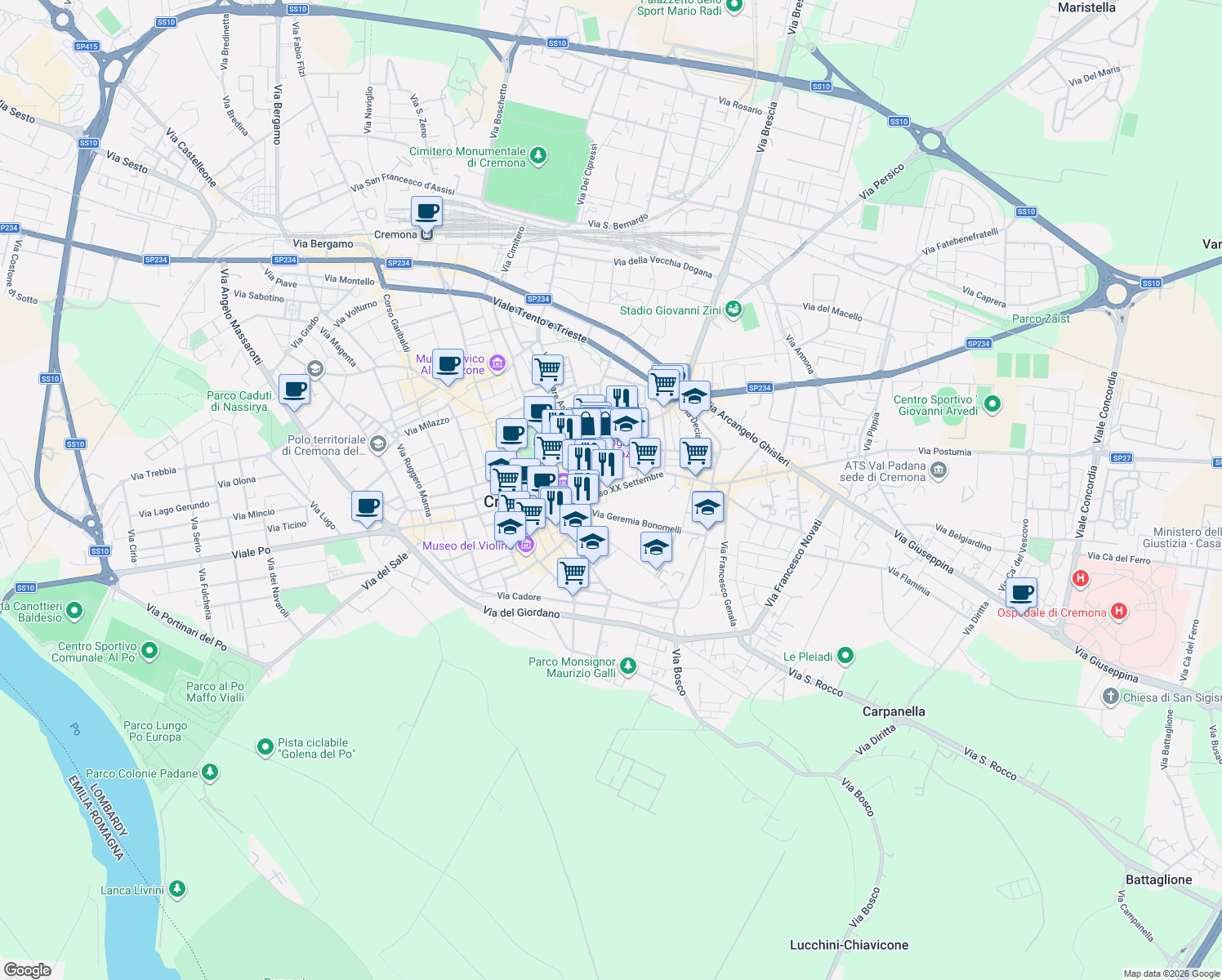 map of restaurants, bars, coffee shops, grocery stores, and more near 10 Corso XX Settembre in Cremona