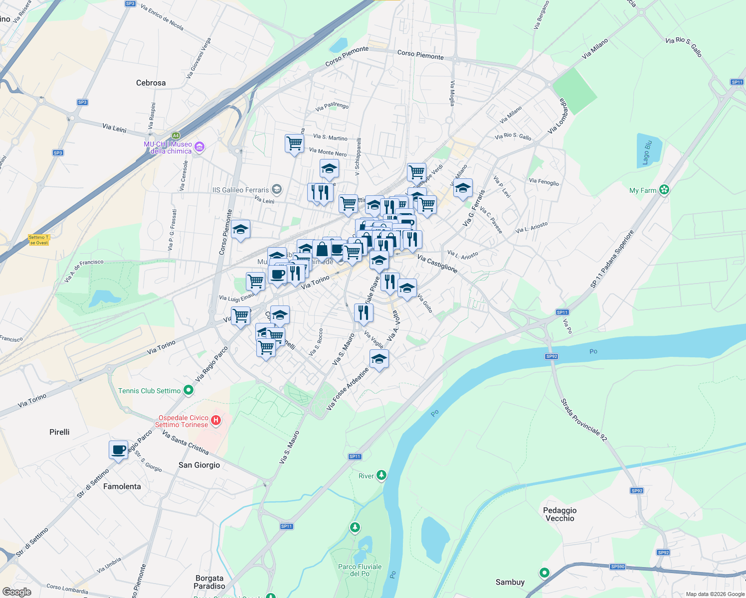 map of restaurants, bars, coffee shops, grocery stores, and more near 14A Viale Piave in Settimo Torinese