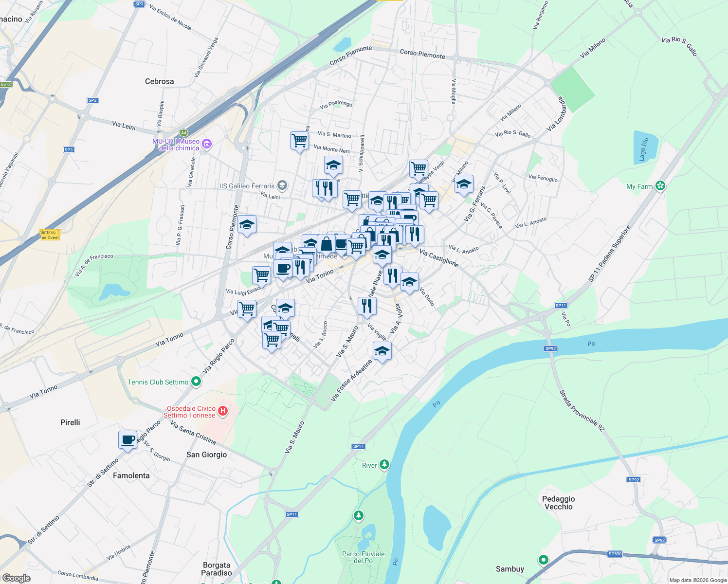 map of restaurants, bars, coffee shops, grocery stores, and more near 14A Viale Piave in Settimo Torinese