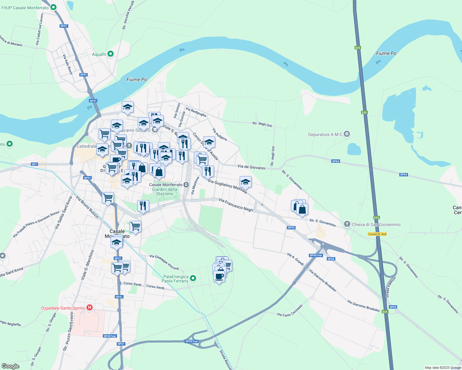 map of restaurants, bars, coffee shops, grocery stores, and more near 7 Via Giovanni Battista Cagliero in Casale Monferrato
