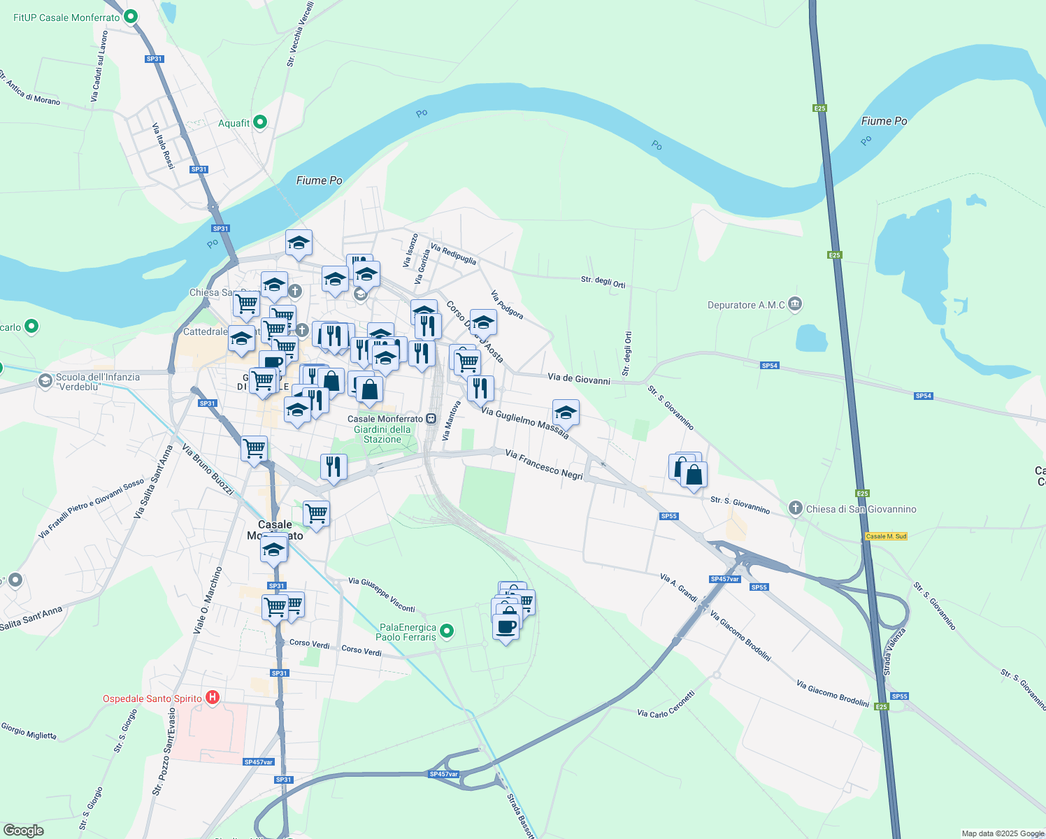 map of restaurants, bars, coffee shops, grocery stores, and more near 7 Via Giovanni Battista Cagliero in Casale Monferrato