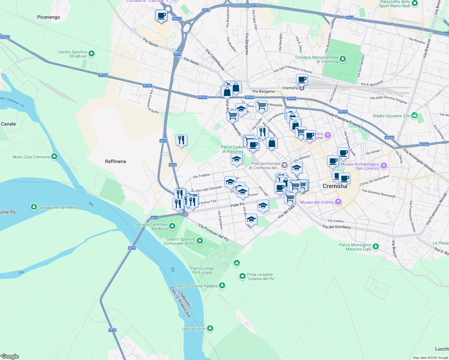 map of restaurants, bars, coffee shops, grocery stores, and more near 3 Via Lago Gerundo in Cremona