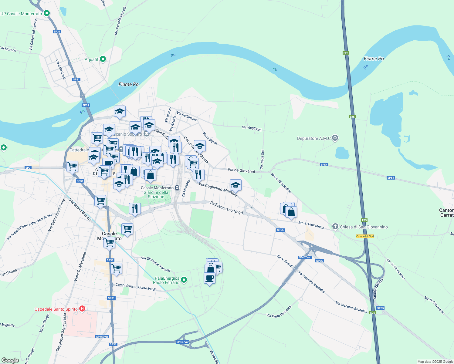map of restaurants, bars, coffee shops, grocery stores, and more near 46 Via Evasio Comello in Casale Monferrato