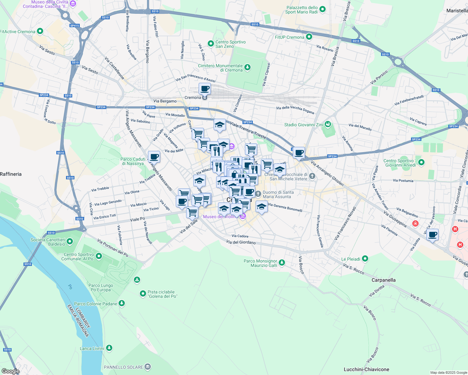 map of restaurants, bars, coffee shops, grocery stores, and more near 13 Corso Campi in Cremona
