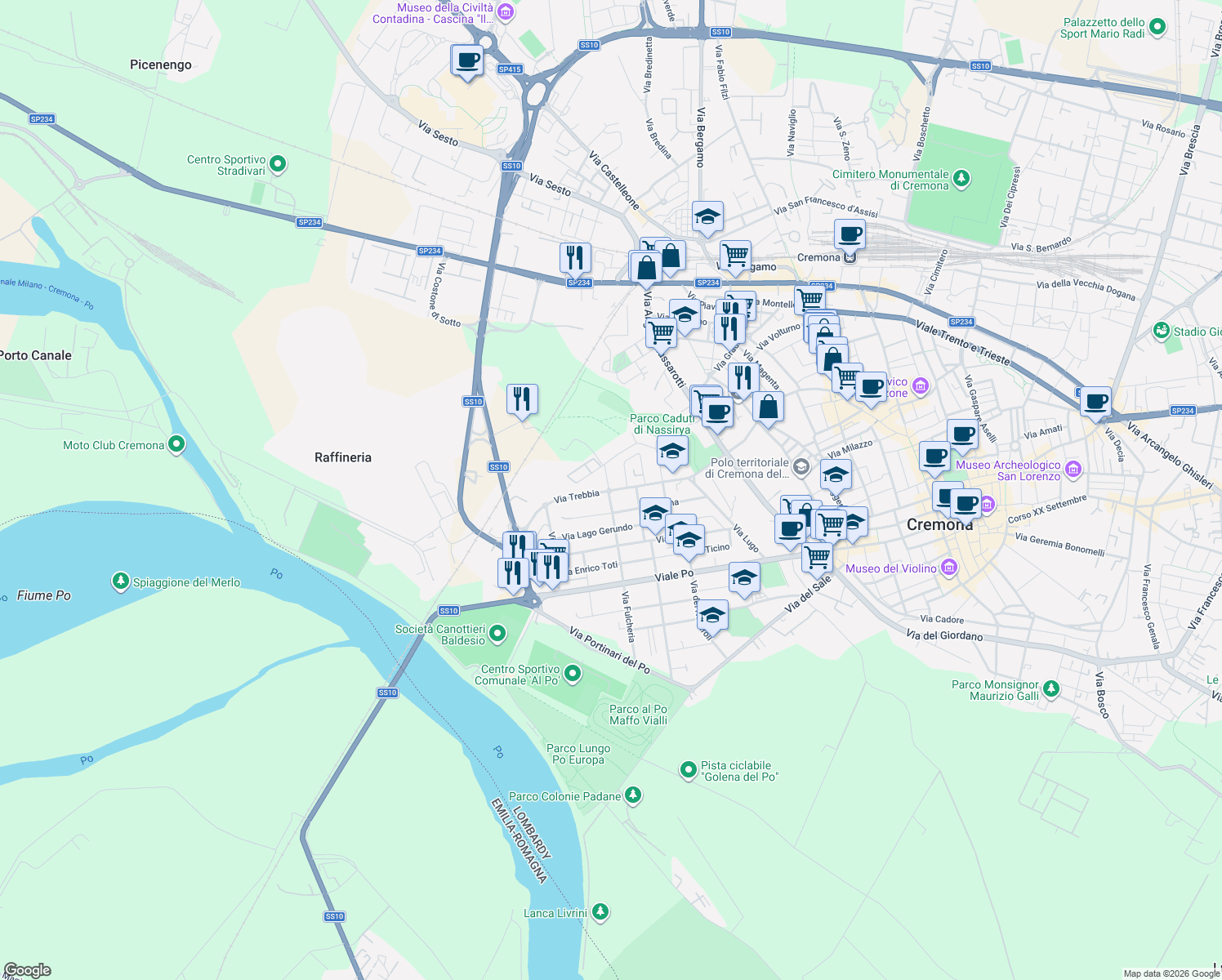map of restaurants, bars, coffee shops, grocery stores, and more near 30 Via Serio in Cremona