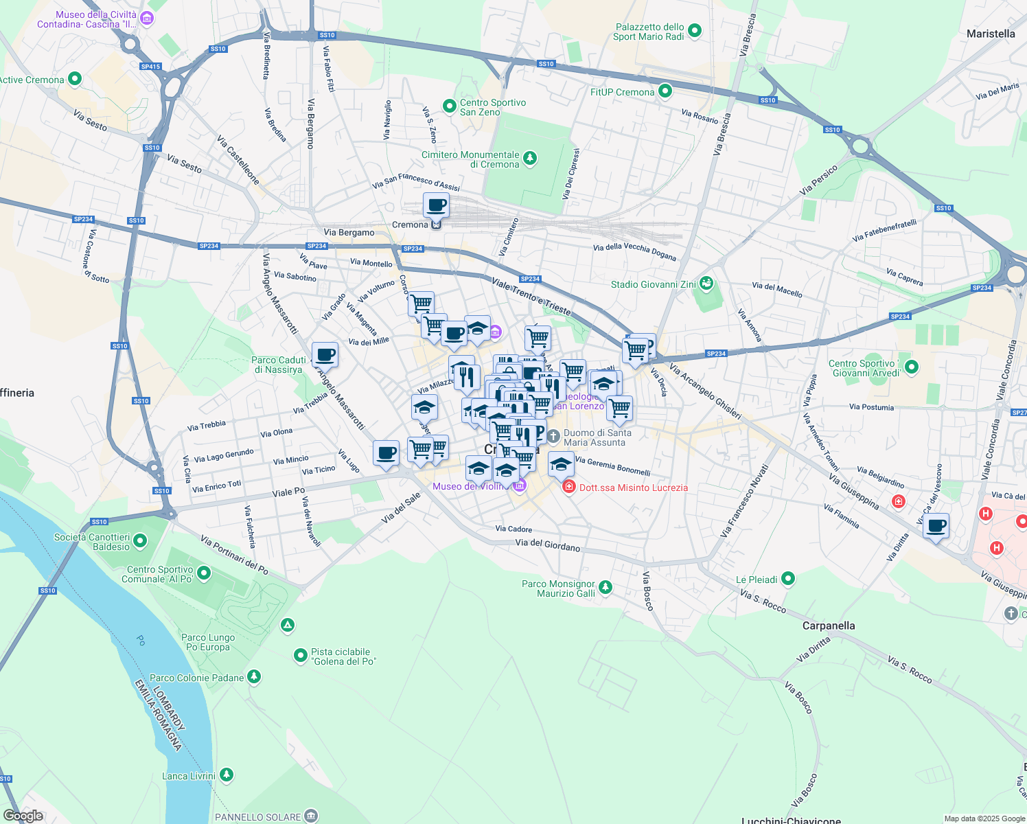 map of restaurants, bars, coffee shops, grocery stores, and more near 27 Piazza Roma in Cremona