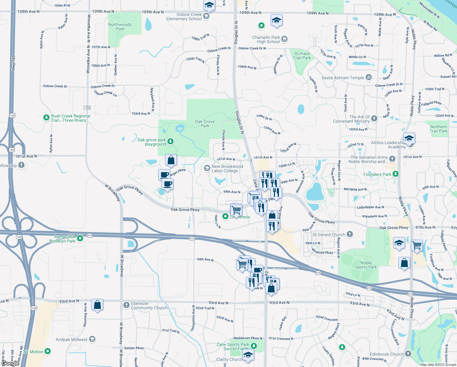 map of restaurants, bars, coffee shops, grocery stores, and more near 9951 Colorado Lane North in Brooklyn Park
