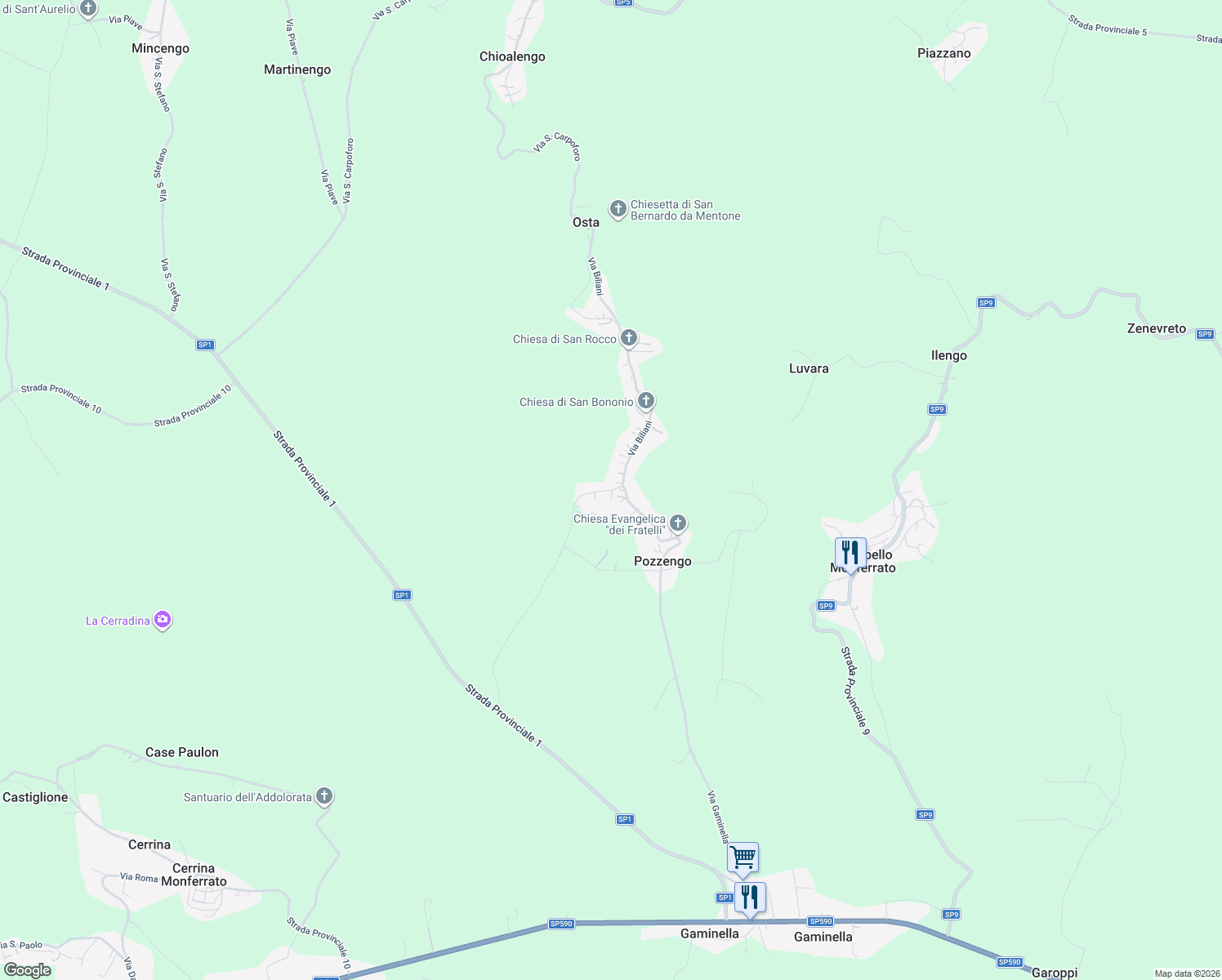 map of restaurants, bars, coffee shops, grocery stores, and more near 12 Via Madonna in Pozzengo