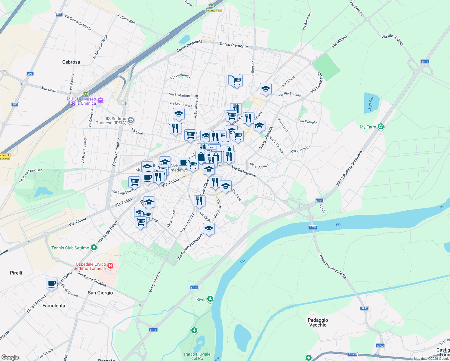 map of restaurants, bars, coffee shops, grocery stores, and more near 14BIS Via Palestro in Settimo Torinese