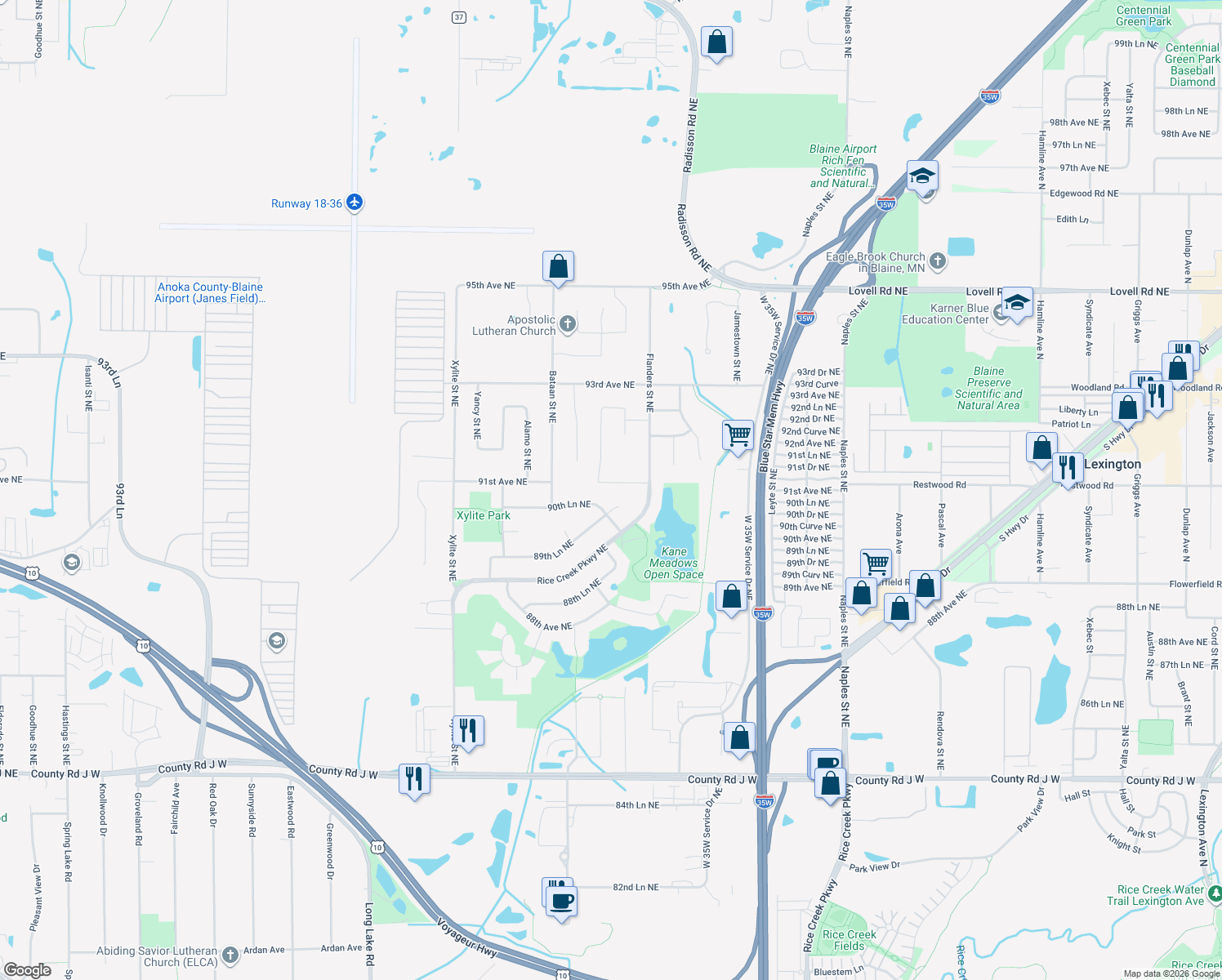 map of restaurants, bars, coffee shops, grocery stores, and more near 2960 91st Avenue Northeast in Blaine