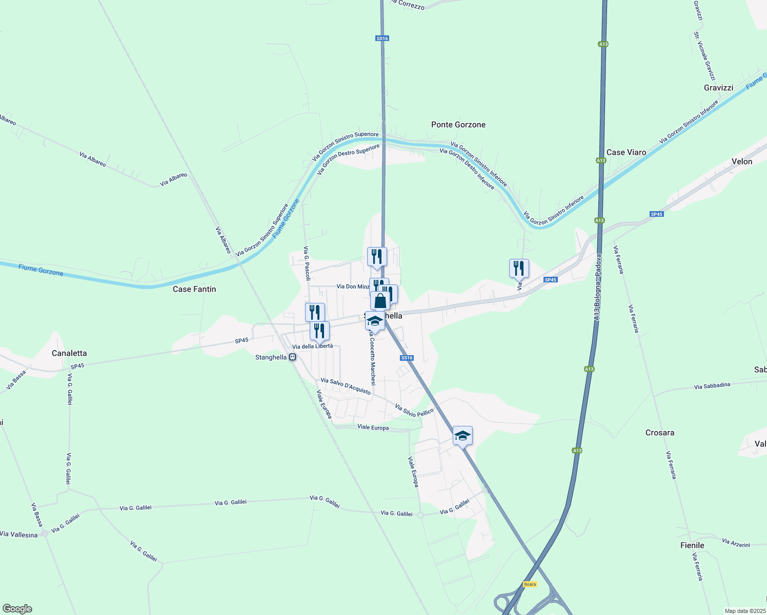 map of restaurants, bars, coffee shops, grocery stores, and more near 53 Via Nazionale in Stanghella