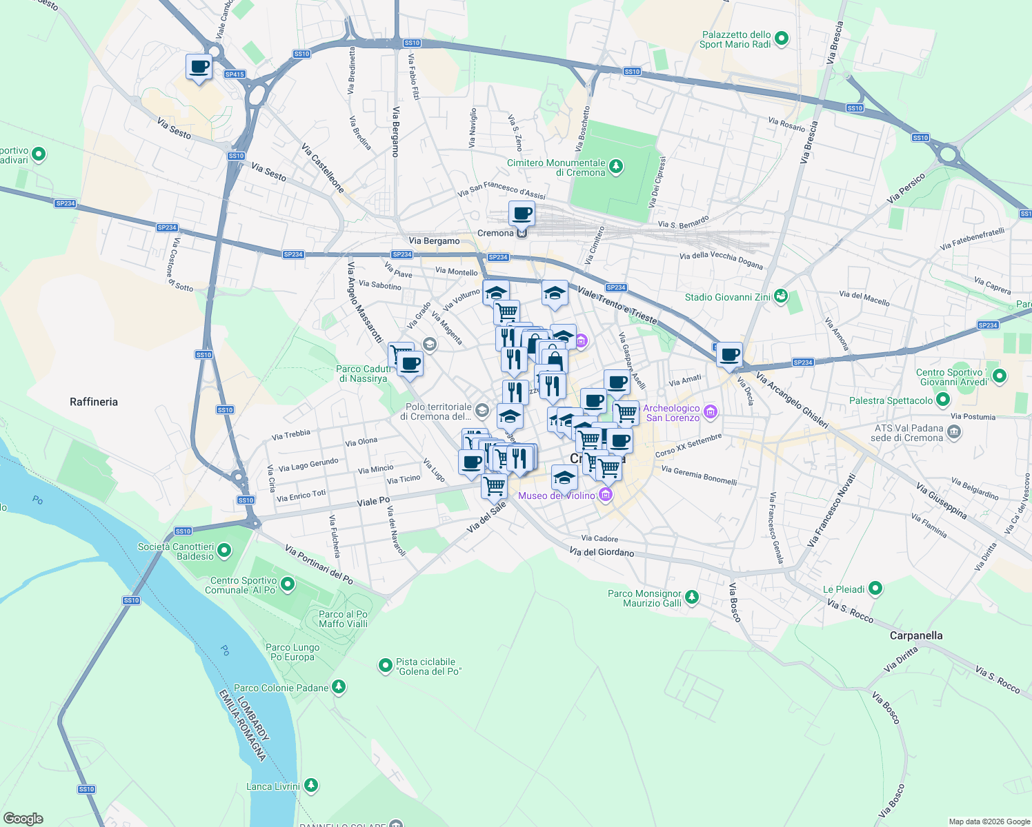 map of restaurants, bars, coffee shops, grocery stores, and more near 1 Via Oscasali in Cremona