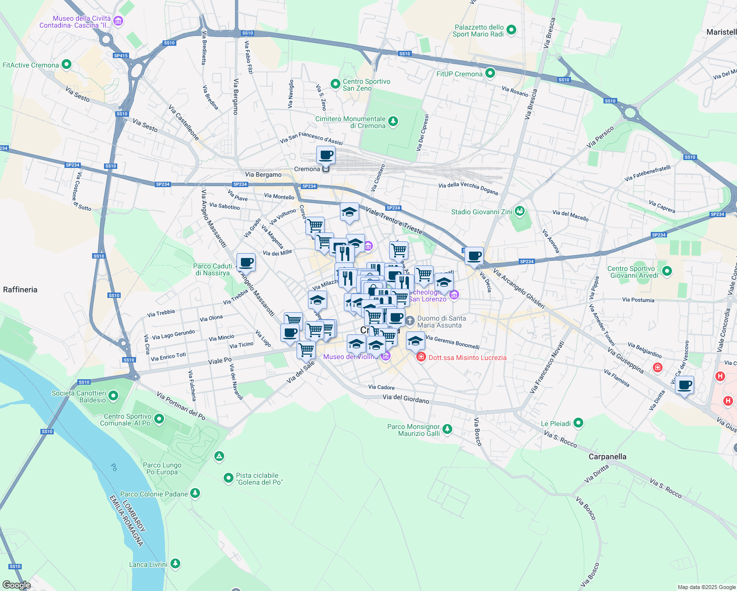 map of restaurants, bars, coffee shops, grocery stores, and more near 5-13 Corso Campi in Cremona