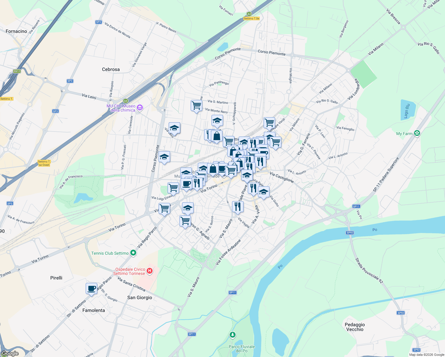 map of restaurants, bars, coffee shops, grocery stores, and more near 32/A Via Cavour in Settimo Torinese