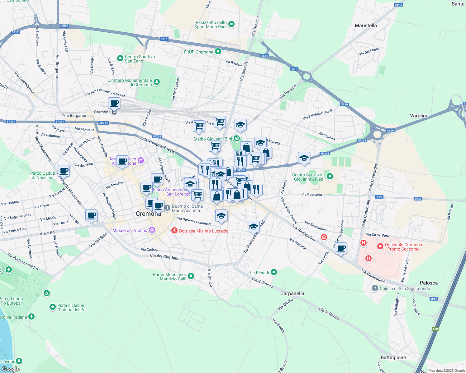 map of restaurants, bars, coffee shops, grocery stores, and more near 30 Via Arcangelo Ghisleri in Cremona