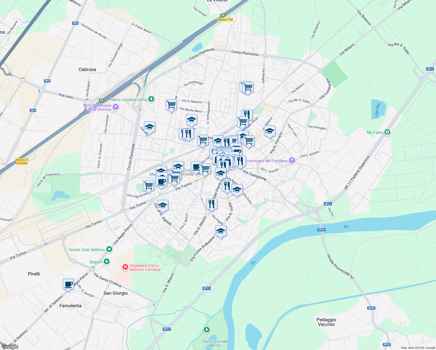 map of restaurants, bars, coffee shops, grocery stores, and more near 1 Via San Francesco D'Assisi in Settimo Torinese