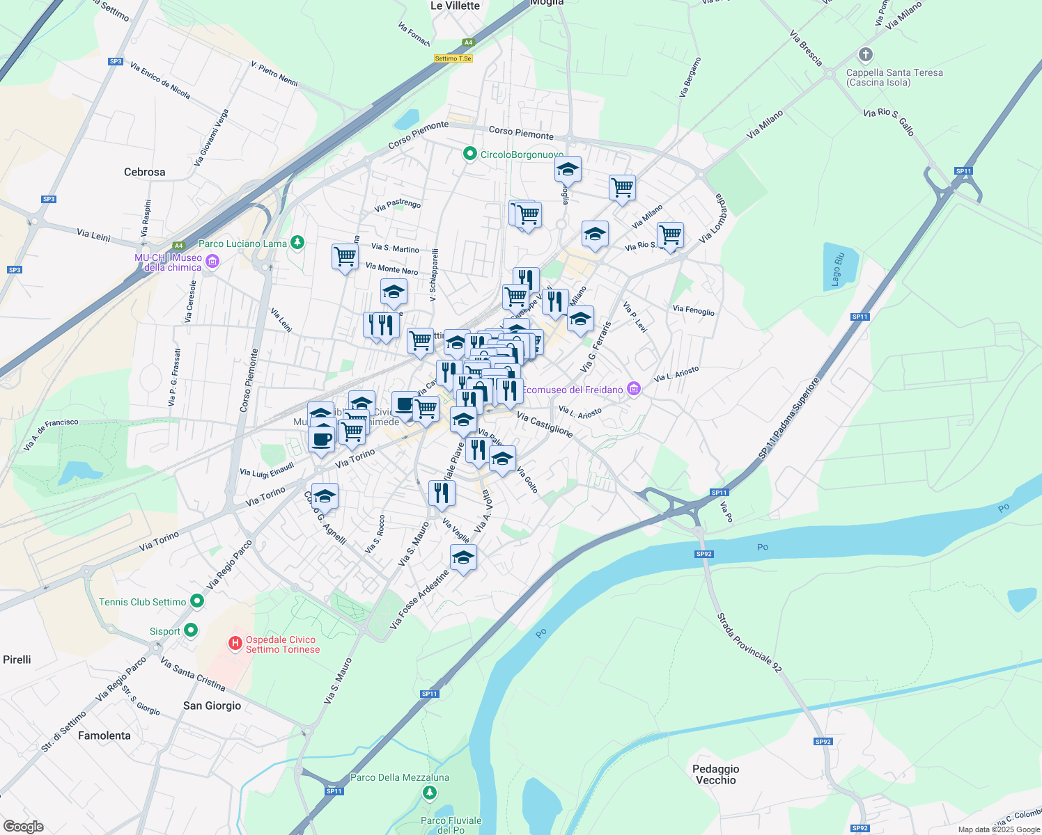 map of restaurants, bars, coffee shops, grocery stores, and more near 8 Via Castiglione in Settimo Torinese