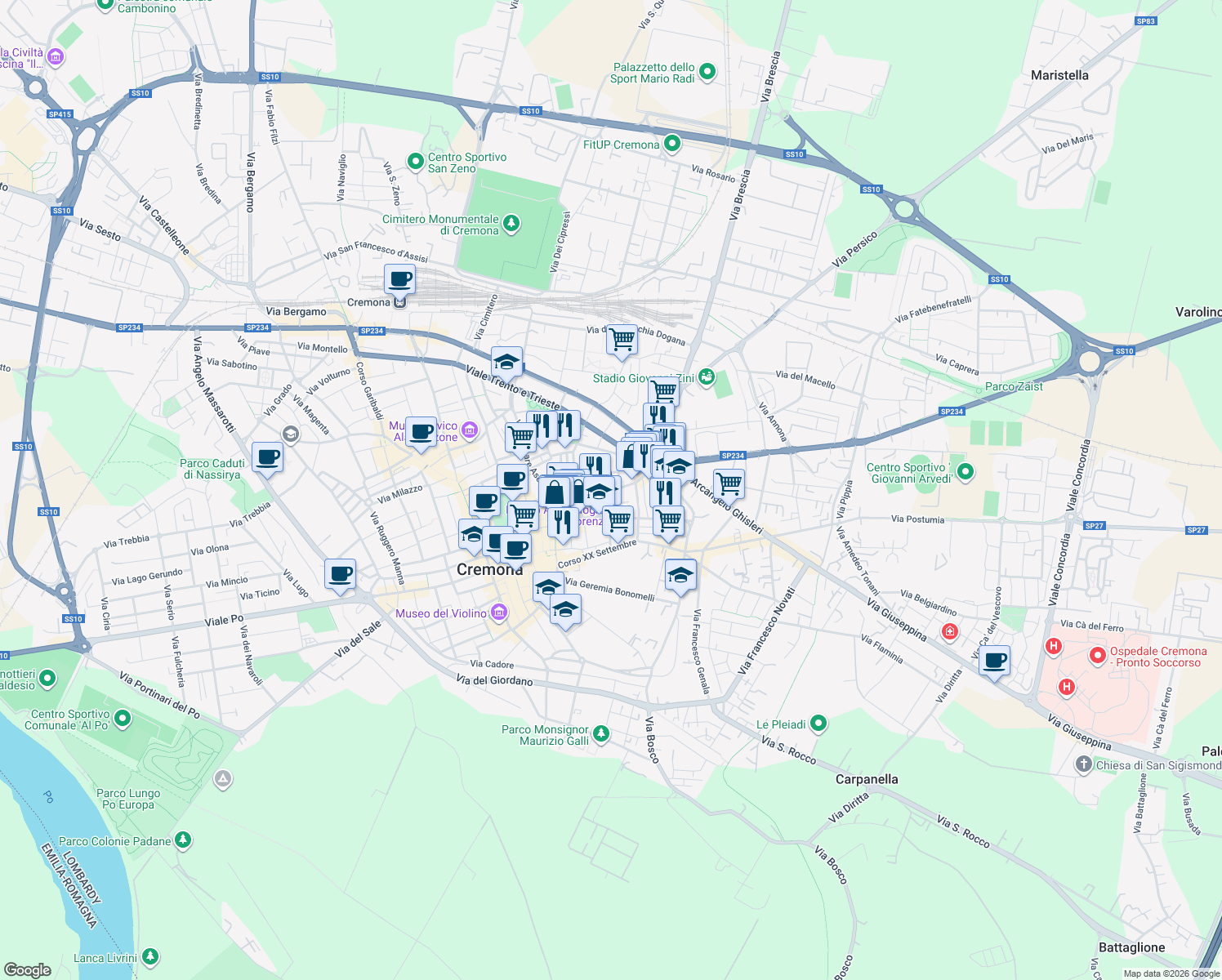 map of restaurants, bars, coffee shops, grocery stores, and more near in Cremona