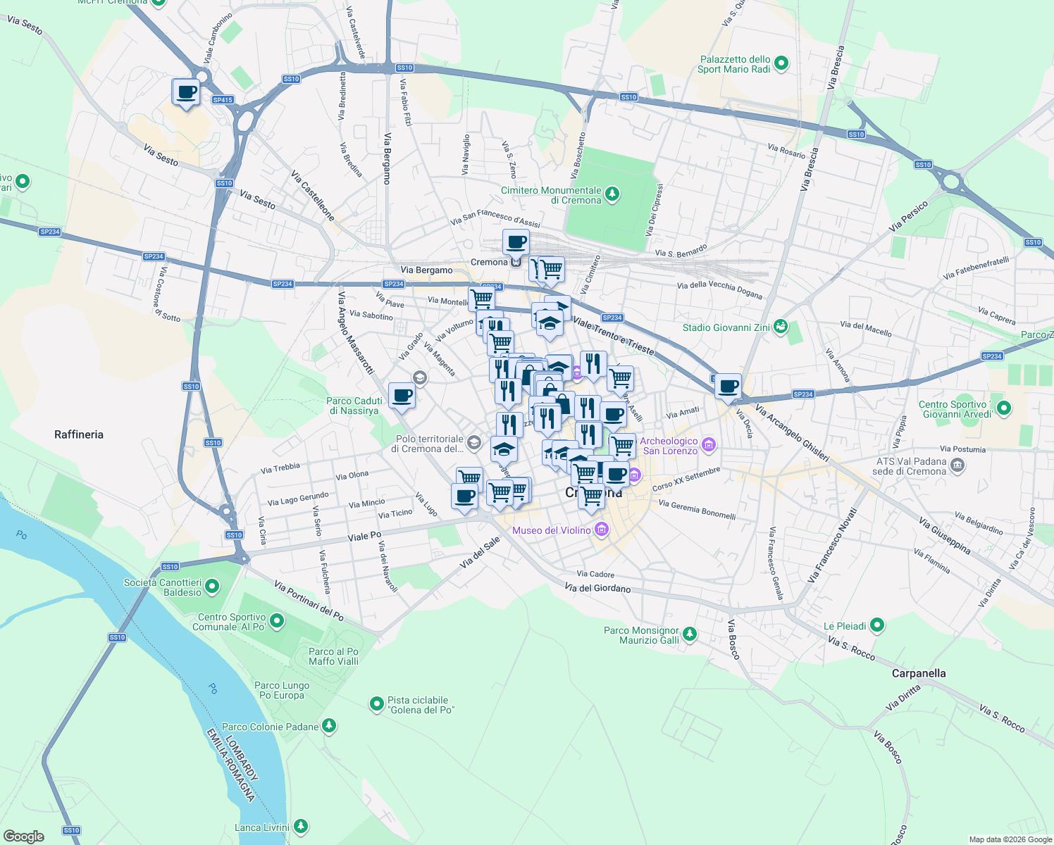 map of restaurants, bars, coffee shops, grocery stores, and more near 1 Via Polluce in Cremona