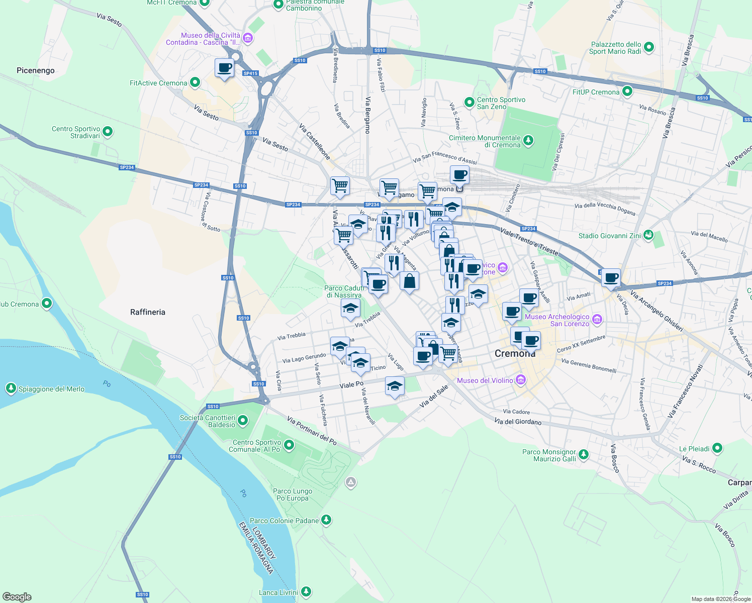 map of restaurants, bars, coffee shops, grocery stores, and more near 46 Via Angelo Massarotti in Cremona
