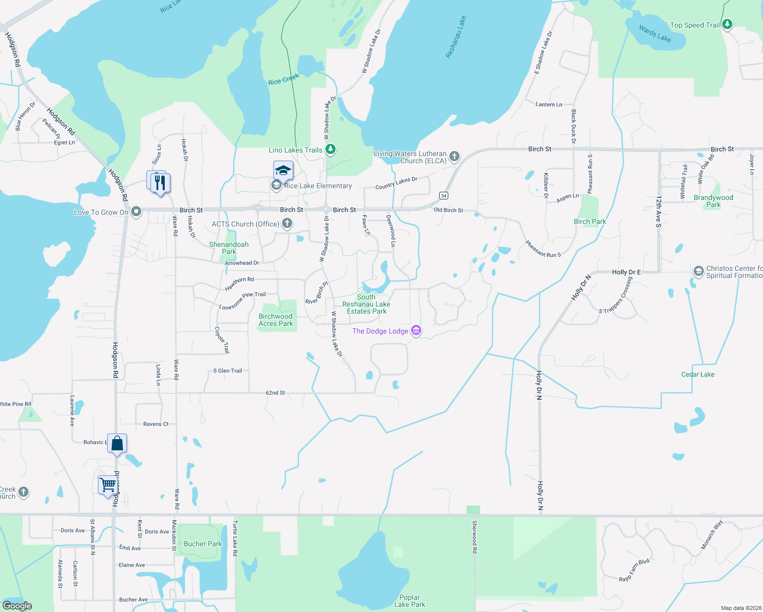 map of restaurants, bars, coffee shops, grocery stores, and more near 743 Fox Road in Lino Lakes
