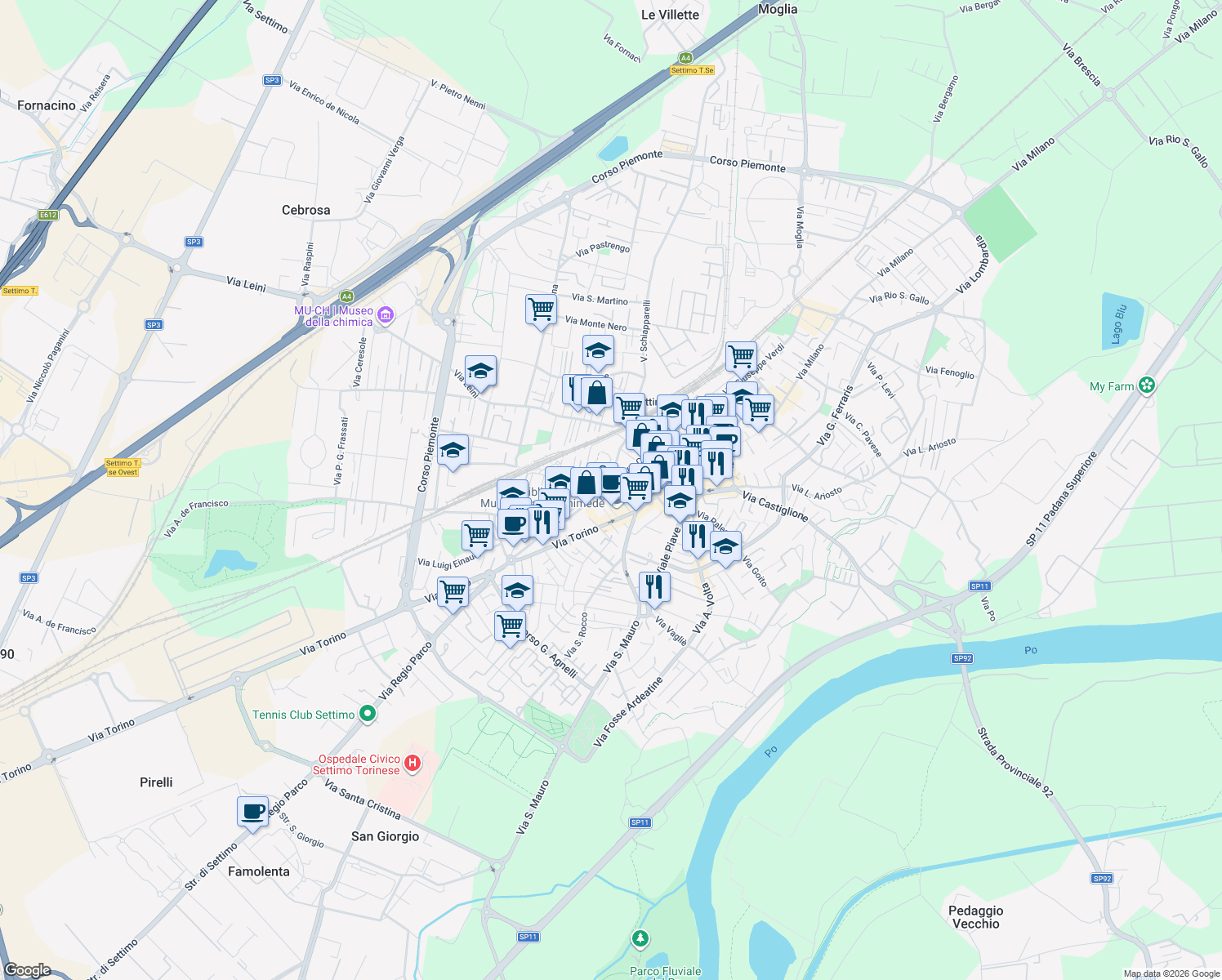 map of restaurants, bars, coffee shops, grocery stores, and more near 32A Via Camillo Benso Conte di Cavour in Settimo Torinese