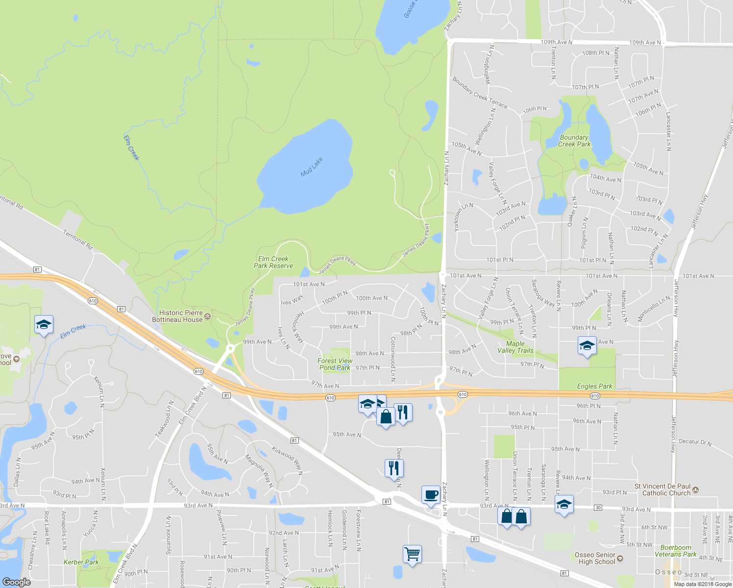 map of restaurants, bars, coffee shops, grocery stores, and more near 11624 100th Avenue North in Maple Grove