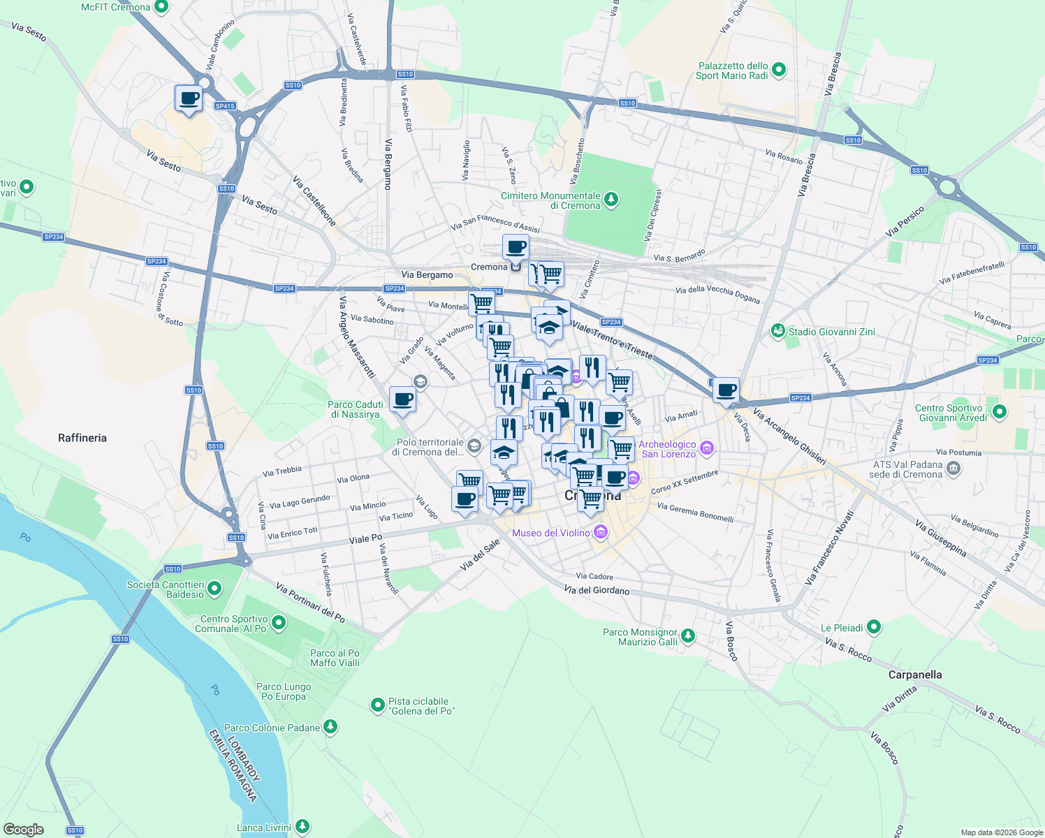 map of restaurants, bars, coffee shops, grocery stores, and more near 1 Via Polluce in Cremona